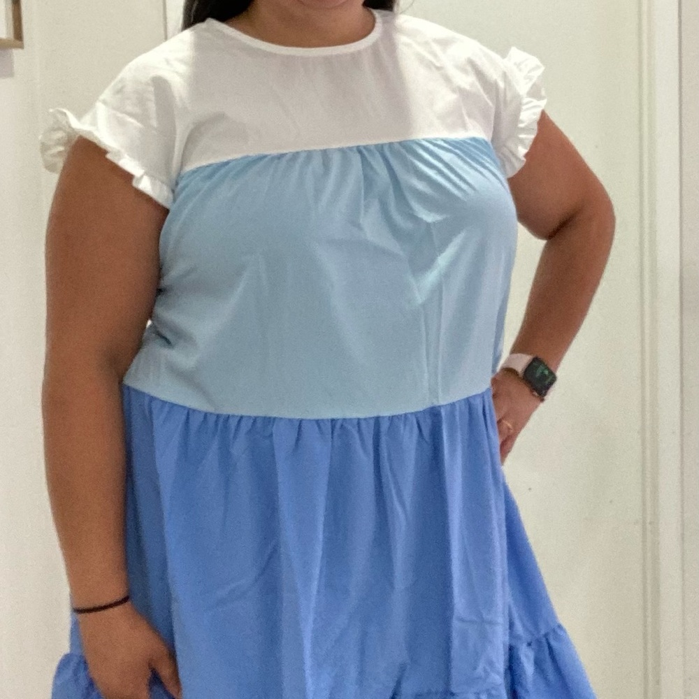 Blue and White Color Block Dress